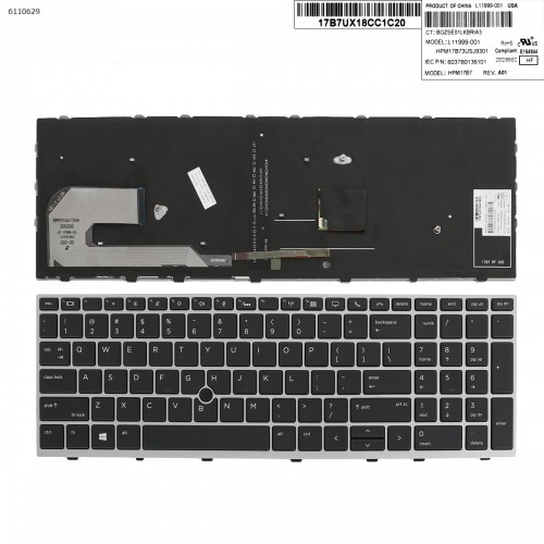 Клавиатура для ноутбука HP Elitebook 850 G5 G6 755 G5, ZBook 15u G5 G6, US, (черная, серая рамка, подсветка, трекпоинт, Original)