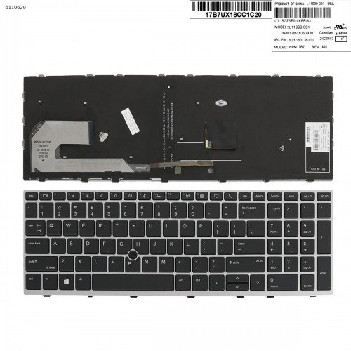 Клавіатура для ноутбука HP Elitebook 850 G5 G6 755 G5, ZBook 15u G5 G6, US, (черная, серая рамка, подсветка, трекпоинт, Original)