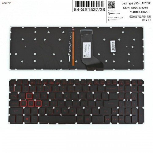Клавіатура для Acer Nitro 5 series AN515-41, AN515-42, AN515-51, AN515-52, US, (чорна, з підсвіткою, Аналог)