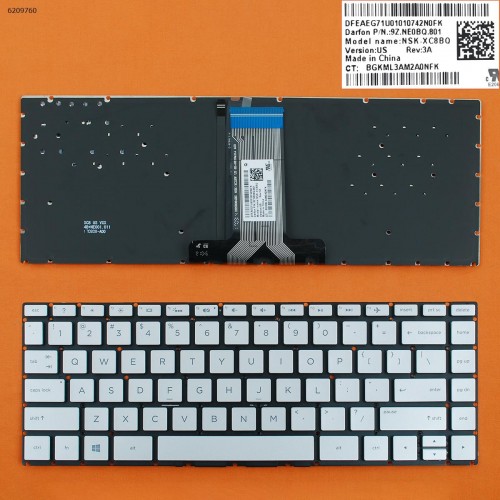 Клавиатура для ноутбука HP Pavilion X360 14-BA 14T-BA 14M-BA 14-BS, 240 245 246 G6, US, (silver, с подсветкой, Original)