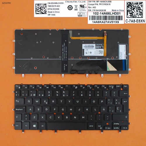 Клавиатура для ноутбука Dell XPS 13 9343 9350 7347 7348 7359 7548, SP, (черная, с подсветкой, вертикальный Enter, 0DRCJG, NSK-LS0BQ, AEAM6700010, Original)