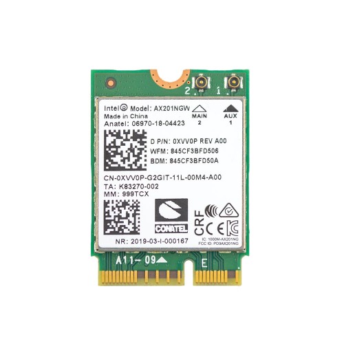 Плата WiFi+Bluetooth Intel AX201NGW (M.2 2230, 2.4Gbps 802.11ax+BT5.0, MIMO 2x2, 0XVV0P)