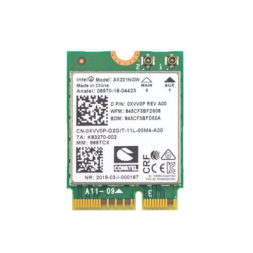 Плата WiFi+Bluetooth Intel AX201NGW (M.2 2230, 2.4Gbps 802.11ax+BT5.0, MIMO 2x2, 0XVV0P)